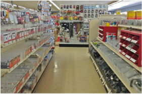 View of hardware store aisle.